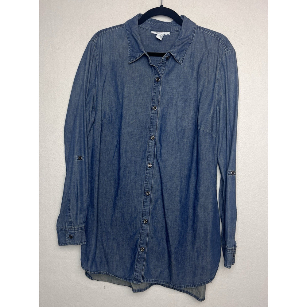 Style and Co. Women's Denim Blue Button Up Shirt Size 16 Roll Tab Sleeve